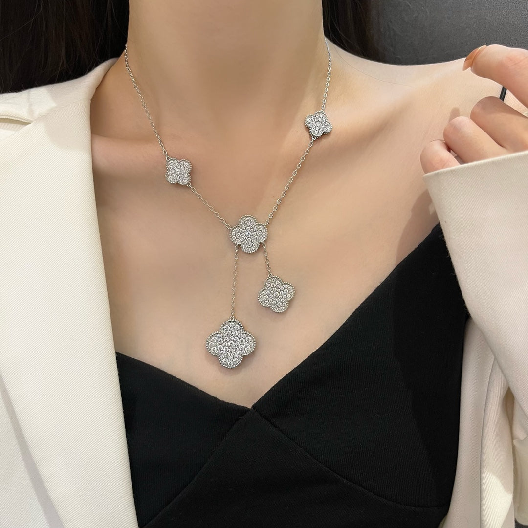 [moco jewelrys]CLOVER 5 MOTIFS SILVER DIAMONDS NECKLACE