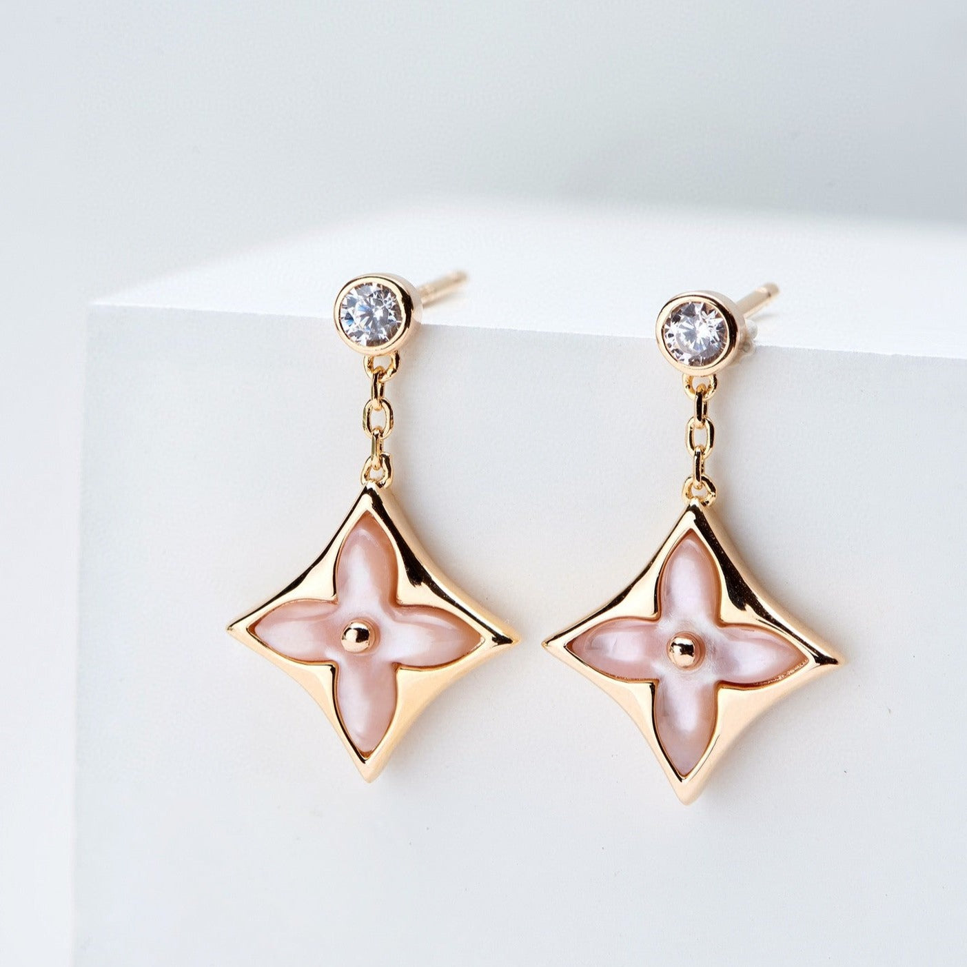 [moco jewelrys]DOUBLE STAR PINK GOLD MOP DROP EARRINGS