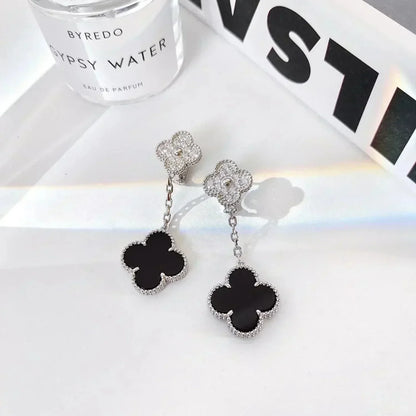 [moco jewelrys]CLOVER 2 MOTIFS  DIAMOND ONYX EARRINGS SILVER