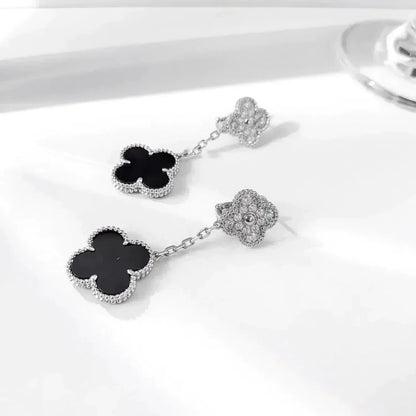 [moco jewelrys]CLOVER 2 MOTIFS  DIAMOND ONYX EARRINGS SILVER
