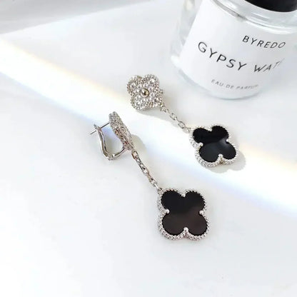 [moco jewelrys]CLOVER 2 MOTIFS  DIAMOND ONYX EARRINGS SILVER
