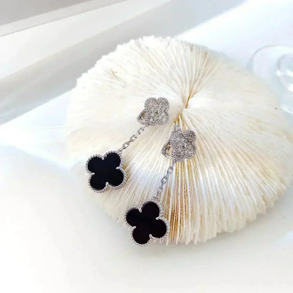 [moco jewelrys]CLOVER 2 MOTIFS  DIAMOND ONYX EARRINGS SILVER