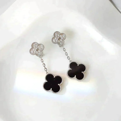 [moco jewelrys]CLOVER 2 MOTIFS  DIAMOND ONYX EARRINGS SILVER