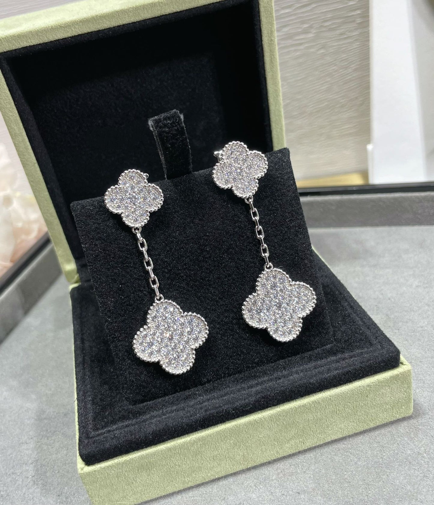 [moco jewelrys]CLOVER 2 MOTIFS DIAMOND PAVED SILVER EARRINGS