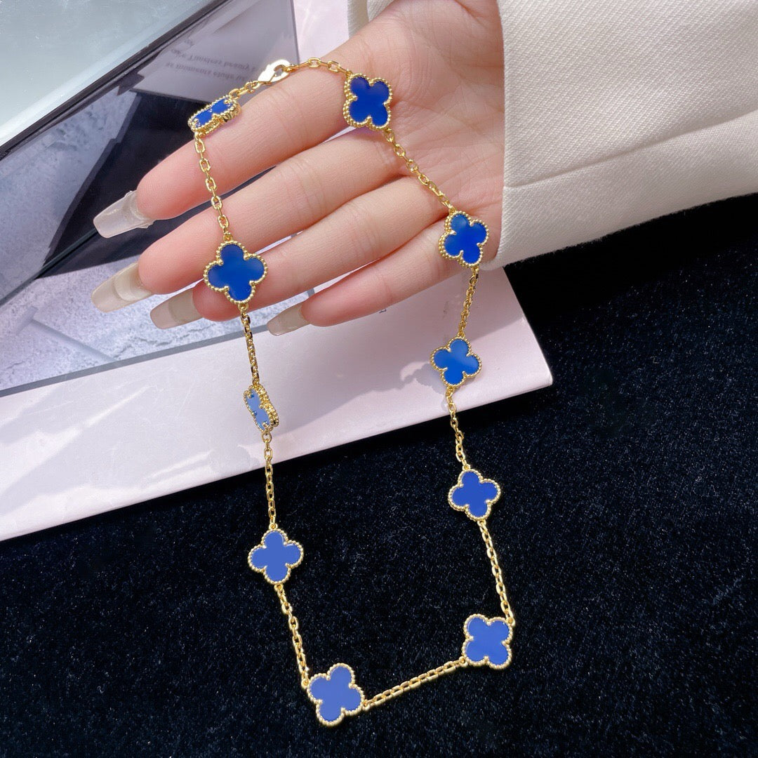 [moco jewelrys]CLOVER 10 MOTIFS BLUE AGATE NECKLACE